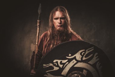 Serious viking with a spear in a traditional warrior clothes clipart