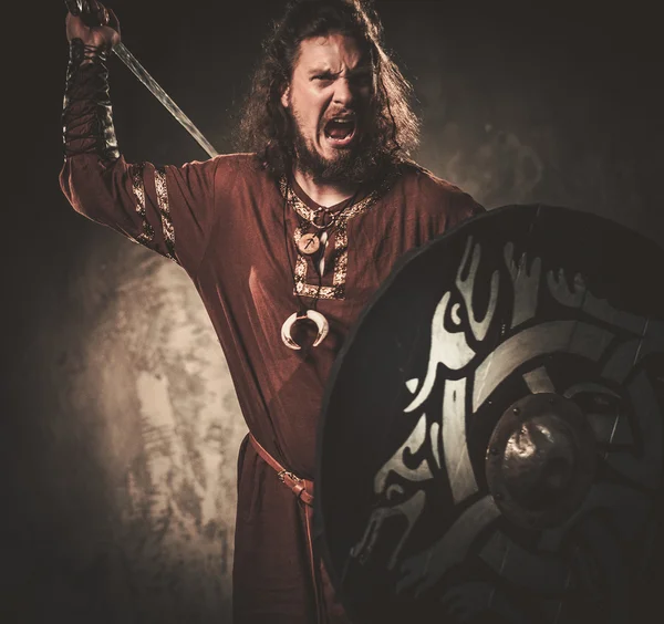 Angry viking com espada em uma roupa de guerreiro tradicional — Fotografia de Stock