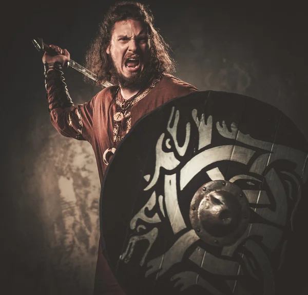 Злий вікінг з мечем у традиційному воїнському одязі — стокове фото