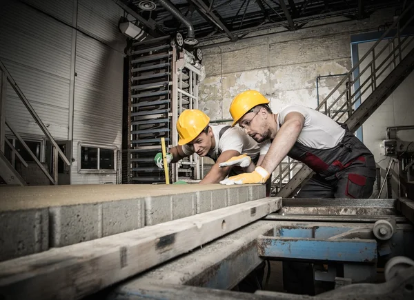 Travailleur et contremaître dans un chapeau de sécurité effectuant un contrôle de qualité sur une usine — Photo