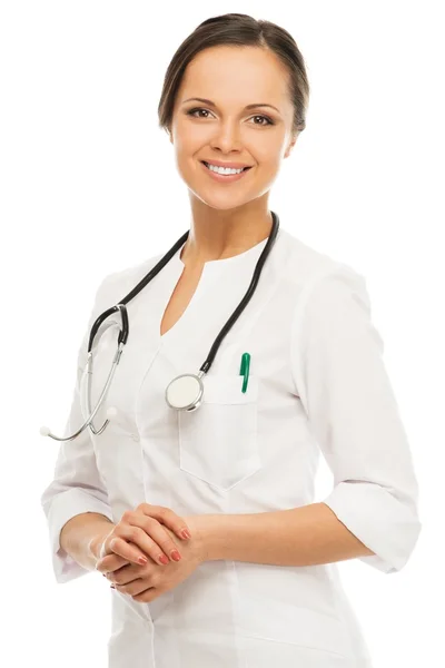 Młody lekarz brunetka pozytywne kobieta na białym tle — Zdjęcie stockowe