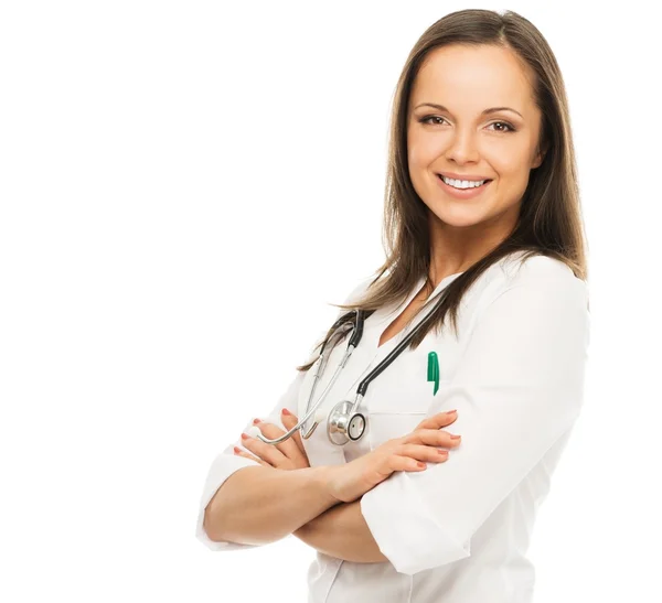 Olumlu bir esmer doktor kadın üzerinde beyaz izole — Stok fotoğraf