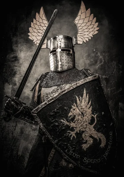 Średniowiecznego rycerza z mieczem i tarczą przeciwko kamienny mur — Zdjęcie stockowe