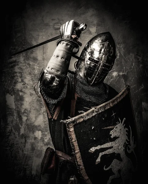 Caballero medieval contra pared de piedra Imagen de archivo