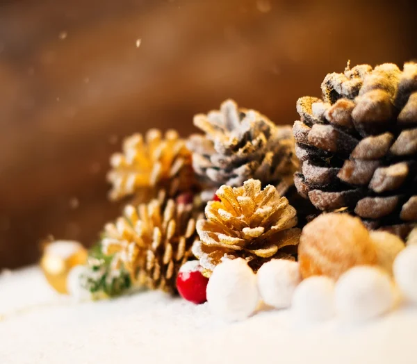 Weihnachtsstillleben mit Zapfen im Schnee — Stockfoto