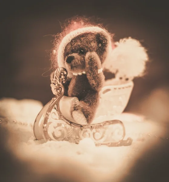 Small toy bear on a sleigh in christmas still life — Stock Photo, Image