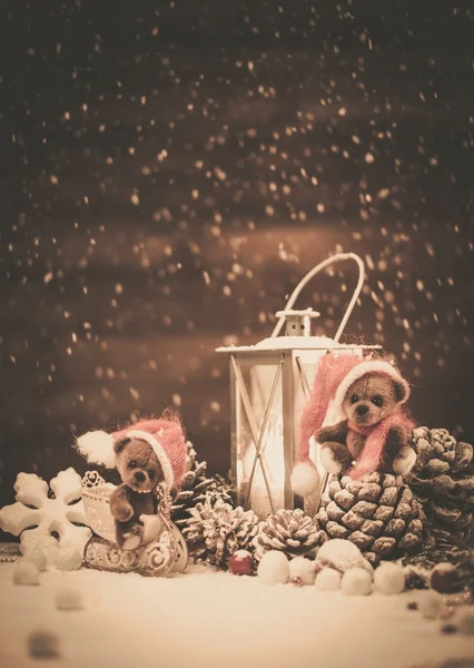 Small toy bears in christmas still life — Stock Photo, Image