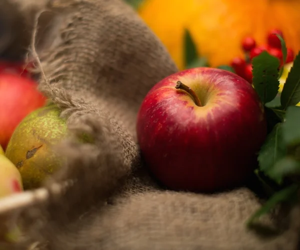 Czerwone jabłko na worek ubrania — Zdjęcie stockowe