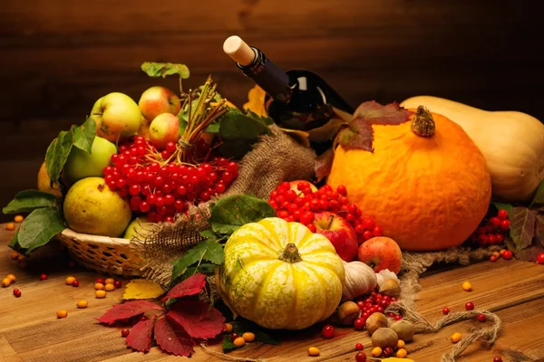 Thanksgiving day autumnal still life with bottle of wine — Stock Photo, Image