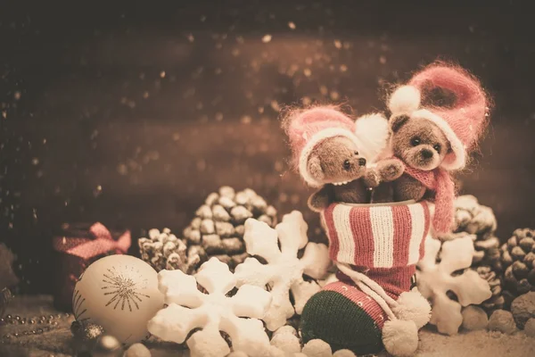 Small toy bears in christmas stoking — Stock Photo, Image
