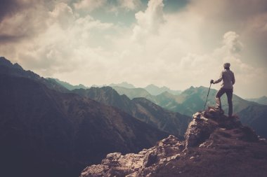 Woman hiker on a top of a mountain  clipart