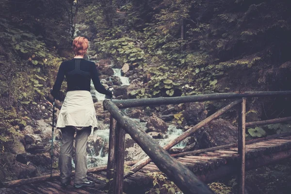 Randonneur avec bâtons de randonnée marchant sur un pont en bois dans une forêt — Photo