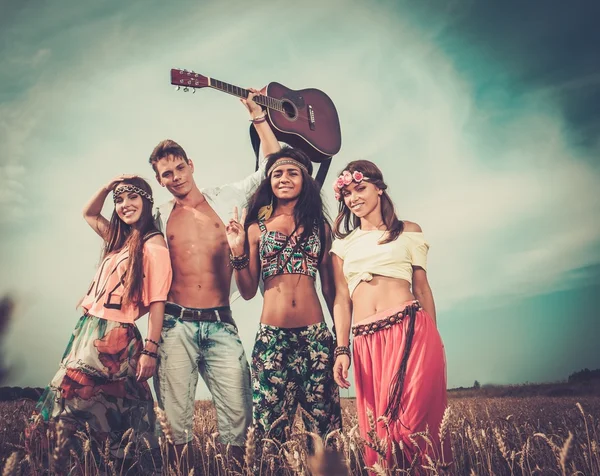 Amis hippies multi-ethniques avec guitare dans un champ de blé — Photo