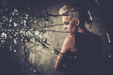 Punk girl behind broken glass  clipart