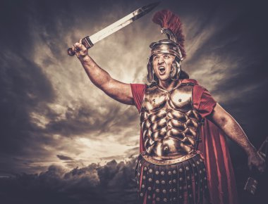 Legionary soldier against stormy sky clipart