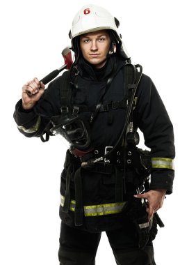 Young firefighter with helmet and axe clipart