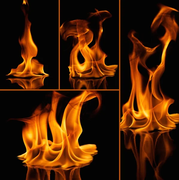 Zestaw ogień płomienie na czarny — Zdjęcie stockowe