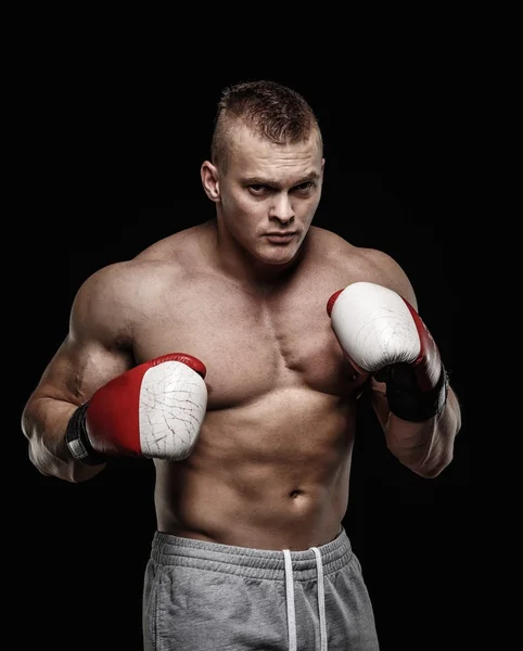 Uomo muscoloso indossa guanti da boxe — Foto Stock