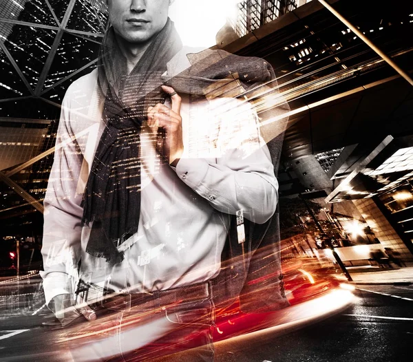 Fashionable man over modern city at night double exposure — Stock Photo, Image