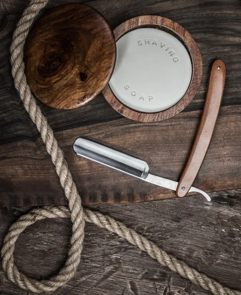 Shaving accessories on a luxury wooden background — Stock Photo, Image