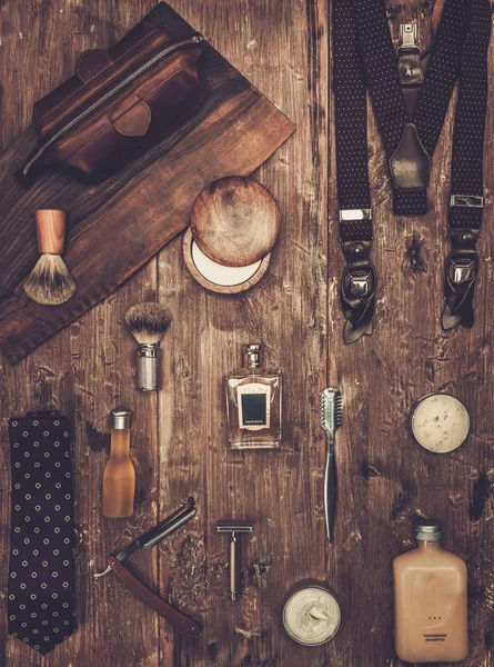 Gentleman's accessories on a on a luxury wooden board — Stockfoto