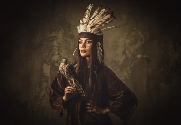 Indisk kvinna jägare med sällskapsdjur hawk — Stockfoto