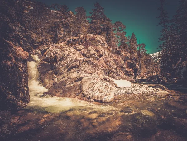 Rychlá řeka v horském lese s malým vodopádem — Stock fotografie