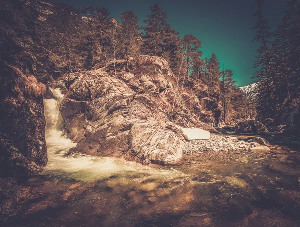 Schneller Fluss im Bergwald mit kleinem Wasserfall — Stockfoto