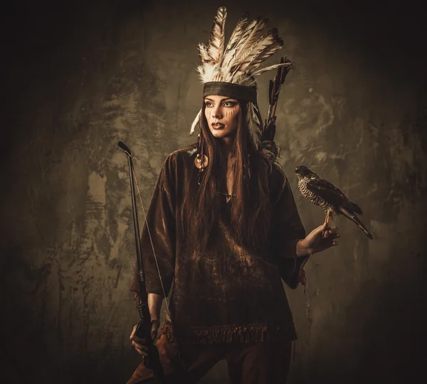 Mujer india cazadora con arco y halcón mascota —  Fotos de Stock