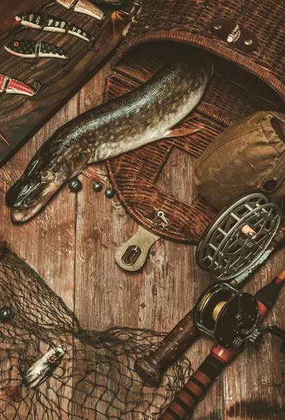 Fishing tools and fresh pike — Stock Photo, Image