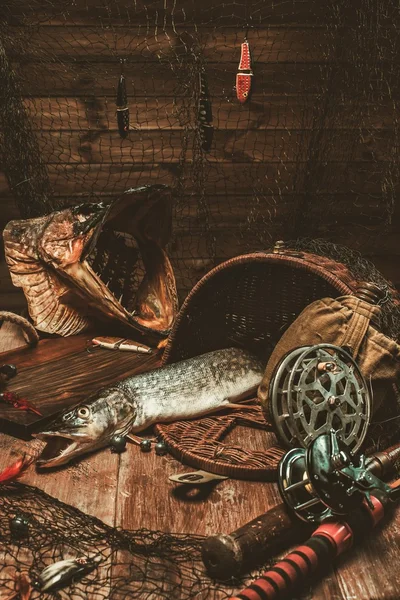 Herramientas de pesca y lucio fresco — Foto de Stock