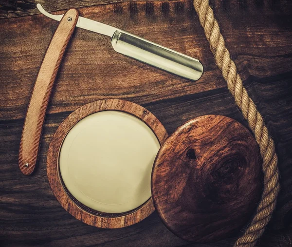 Shaving accessories on a luxury wooden background — Stock Photo, Image