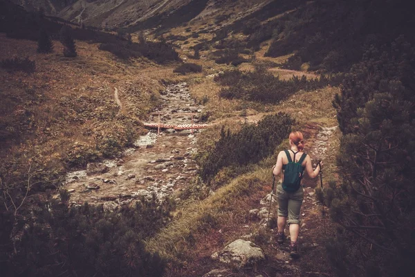 Mulher com caminhadas pólos andando — Fotografia de Stock