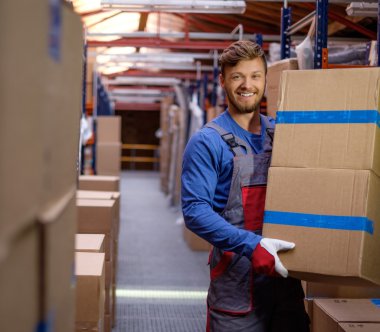 Porter carrying boxes in a warehouse  clipart