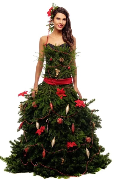 Frau im Weihnachtsbaumkleid — Stockfoto