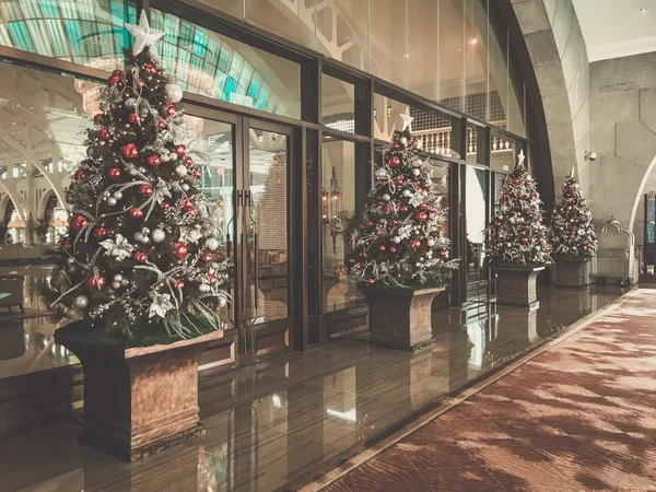 Feriado decorado árvores de Natal edifício de entrada frontal . — Fotografia de Stock