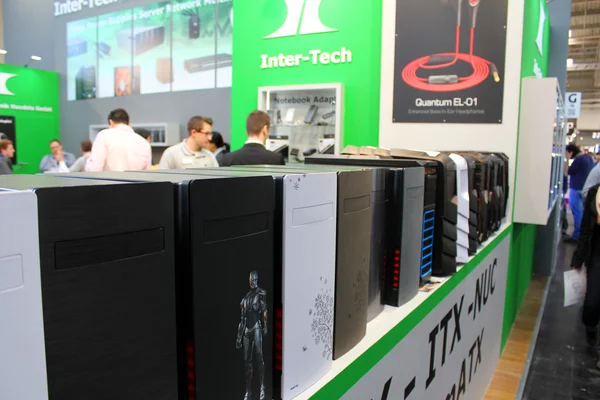 HANNOVER, GERMANY - MARCH 13: The stand of Inter-Tech on March 13, 2014 at CEBIT computer expo, Hannover, Germany. CeBIT is the world's largest computer expo — Stock Photo, Image