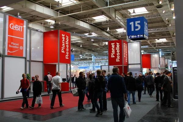 HANNOVER, GERMANY - MARCH 13: The Planet Reseller stand on March 13, 2014 at CEBIT computer expo, Hannover, Germany. CeBIT is the world's largest computer expo — Stock Photo, Image