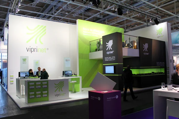 HANNOVER, GERMANY - MARCH 20: The stand of Viprinet on March 20, 2015 at CEBIT computer expo, Hannover, Germany. CeBIT is the world's largest computer expo — Stock Photo, Image