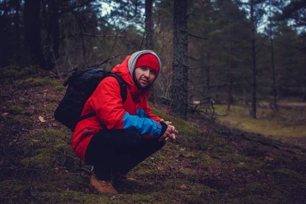 Turista v lese — Stock fotografie