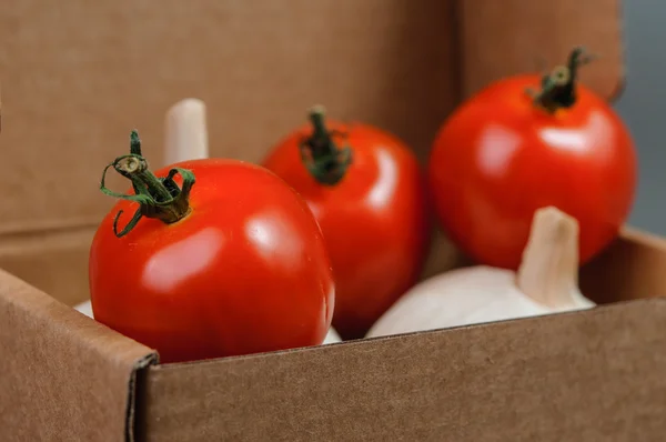 Tomates frescos e alho. — Fotografia de Stock