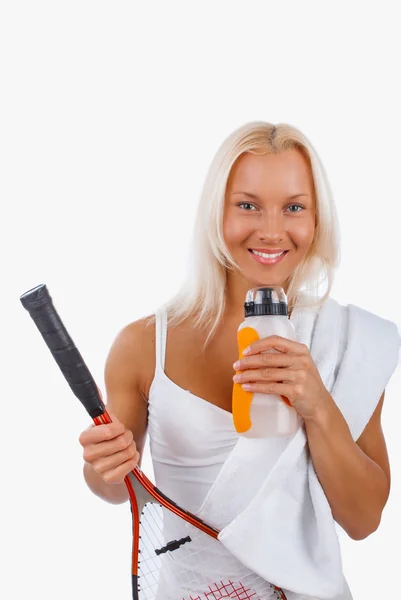 Frau im weißen Tennisdress — Stockfoto