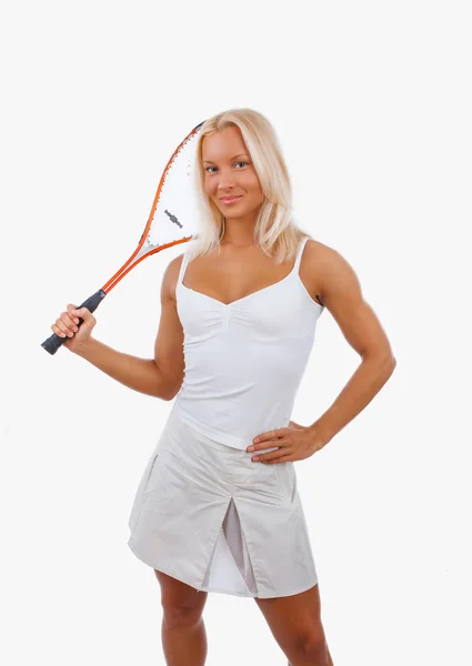 Frau im weißen Tennisdress — Stockfoto