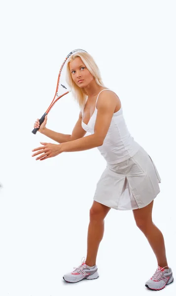 Женщина в белом теннисном платье — стоковое фото