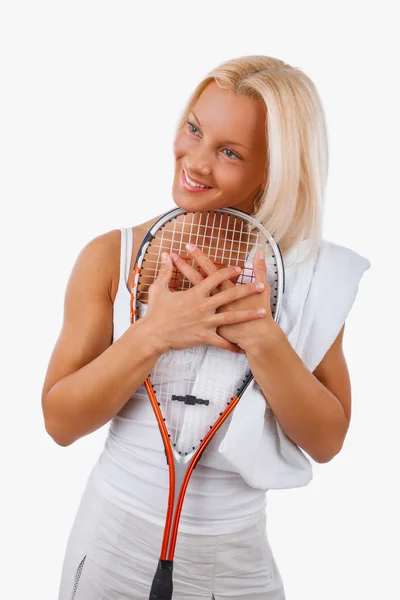 Frau im weißen Tennisdress — Stockfoto