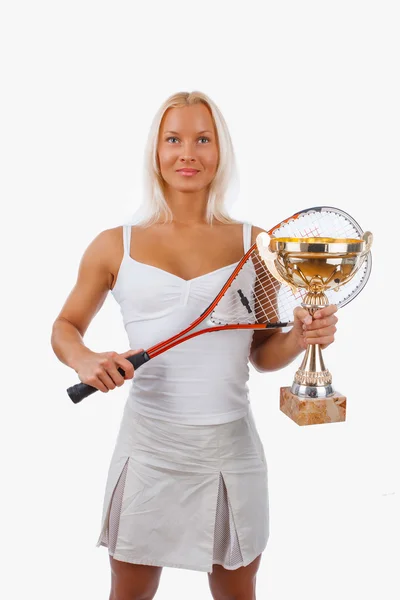 Woman in a white tennis dress — Stock Photo, Image