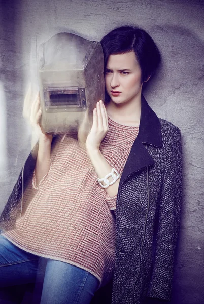 A woman in welder mask — Stock Photo, Image