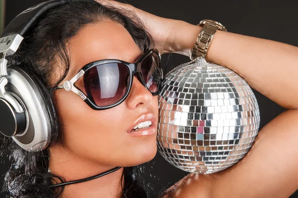 Woman holds mirror disco ball — Stock Photo, Image