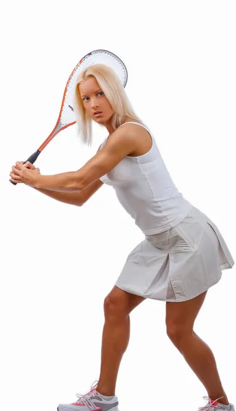 Kvinna i en vit tennis klänning — Stockfoto