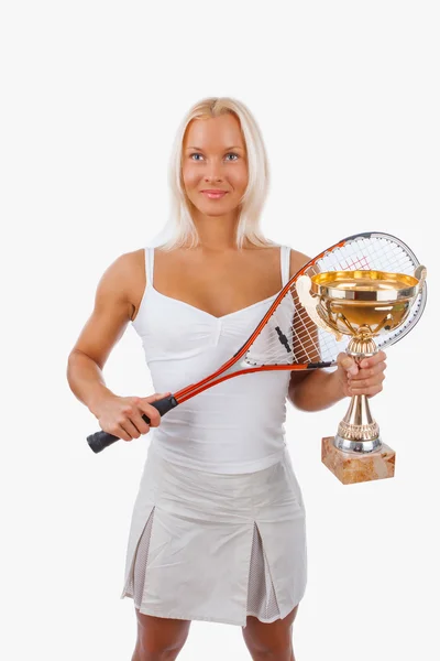 Frau im weißen Tennisdress — Stockfoto